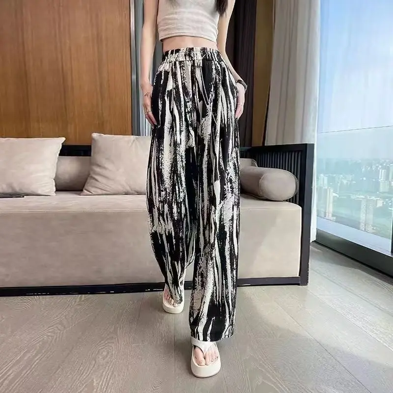 

Summer New Tie Dye Elastic Waist Straight Pants Loose Plus Size Lacing All-match Wide Leg Pants Fashion Casual Women Clothing