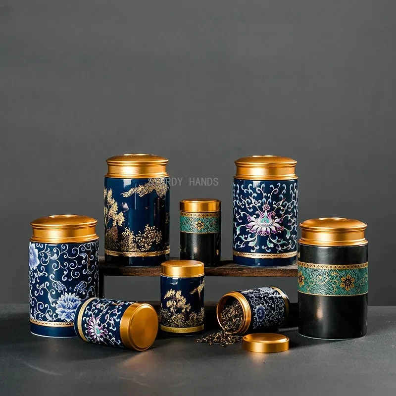 Small portable metal lid ceramic tea jar sealed jar, coffee bean nut black tea storage jar household food container