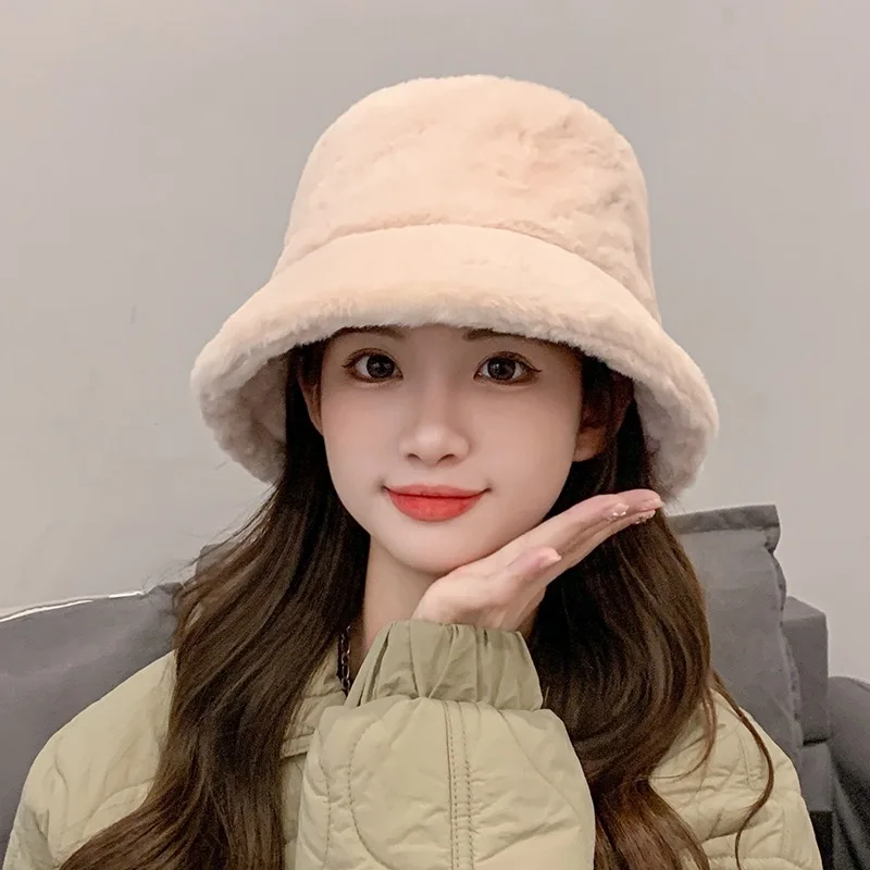 Winter Plush Bucket Hats For Women Outdoor Thick Warm Panama Cap Solid Leopard Soft Faux Fur Lady Girls Streetwear Fisherman Hat bucket hat,women bucket hat,women hat