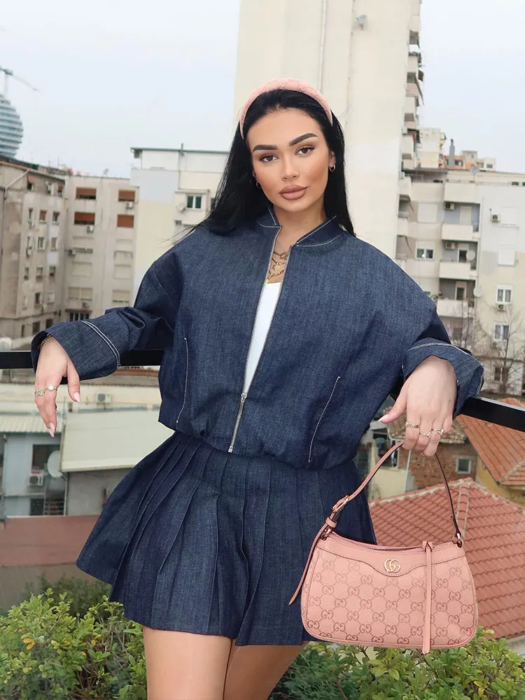 HH Women Fashion Denim Jacket Skirts Sets O Neck Long Sleeve Zipper Coat High Waist Slim Mini Skirt Casual Female Streetwear