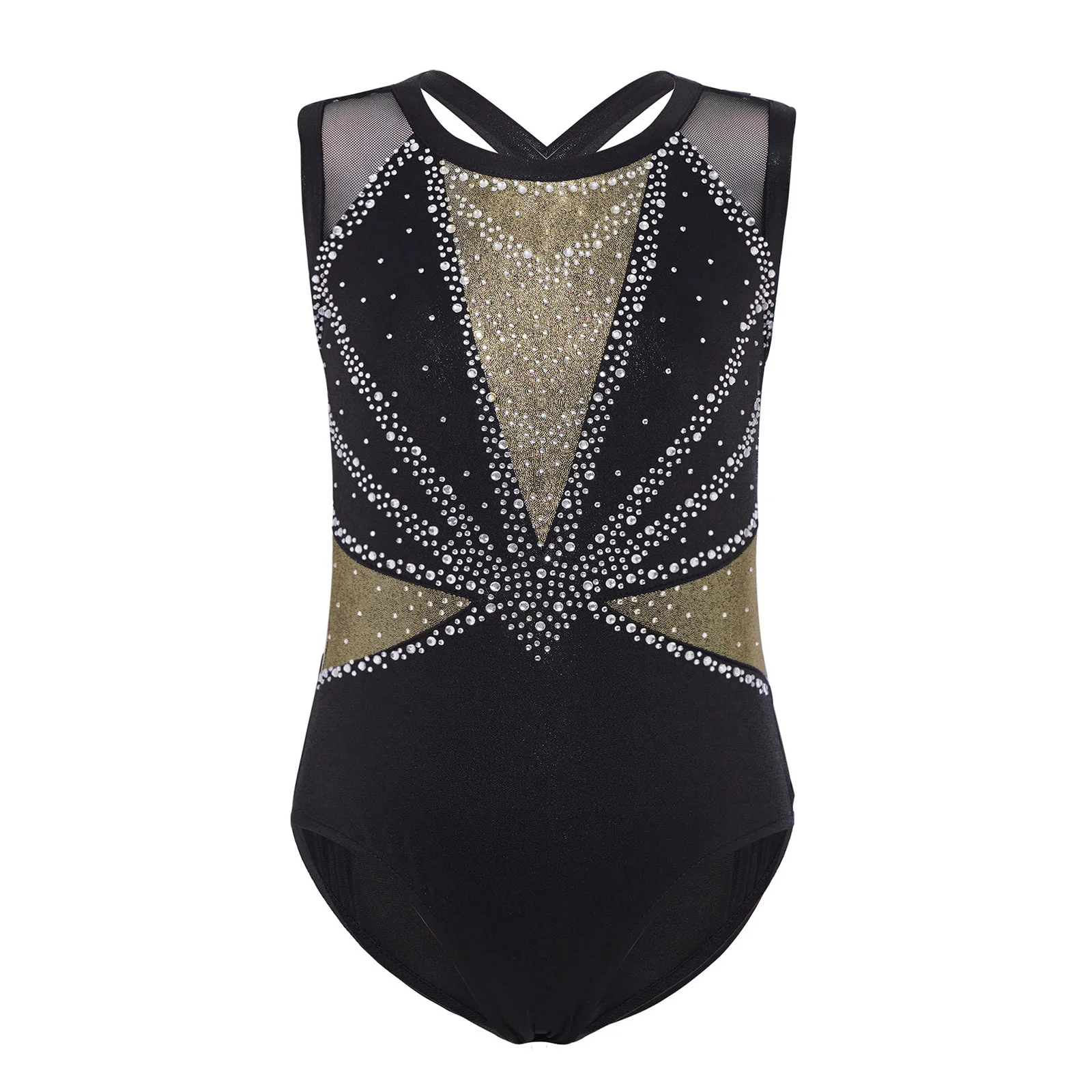 Kinder Mädchen Eiskunstlauf Kostüm Ballett Tanz Akrobatik Gymnastik Yoga Body Ärmellos Glänzende Strasssteine Mesh Trikot – Detail 11