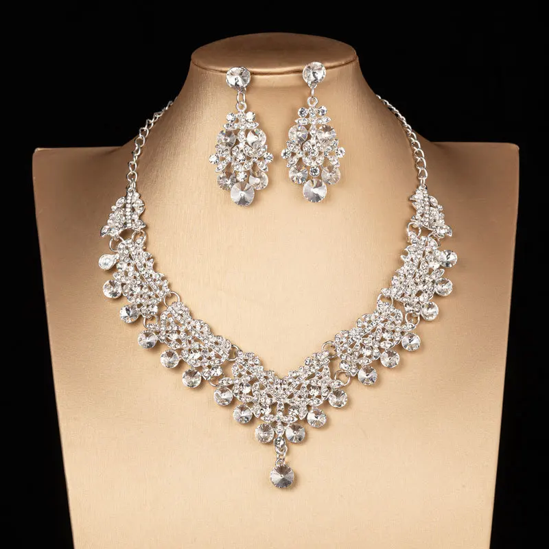 JEAIRTS Rhinestone Jewelry Set - Silver Crystal Choker Necklace & Earrings, Sparkly Prom Rave Set