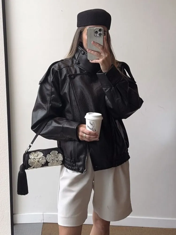 HH Women Fashion Pu Leather Bomber Jackets Stand Collar Long Sleeve Zipper Jacket Fashion High Street Lady Outwears Chic Coat