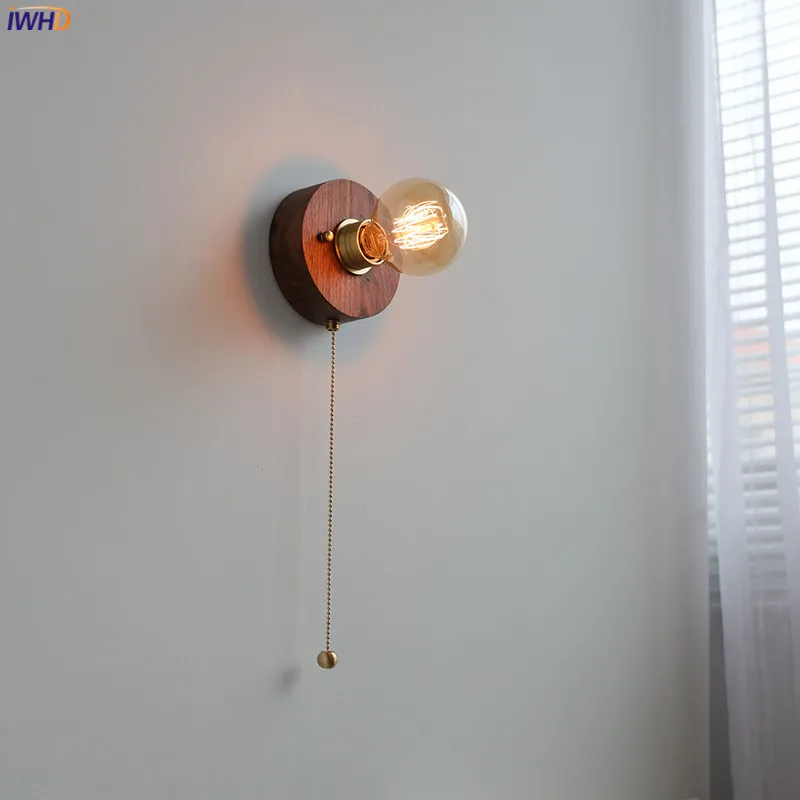 Iwhd Stile Giapponese Vintage Led Wall Beisde Lamp Pull Chain Switch Plug In Noce Frassino Legno Rame Specchio Da Bagno Luce Per Scale