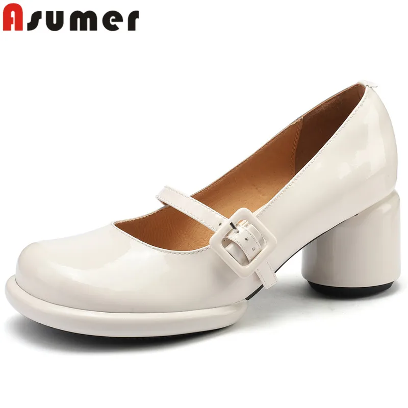 

ASUMER 2024 New Mary Janes Patent Leather Shoes Buckle Ladies Dress Shoes Simple Thick High Heels Platform Pumps