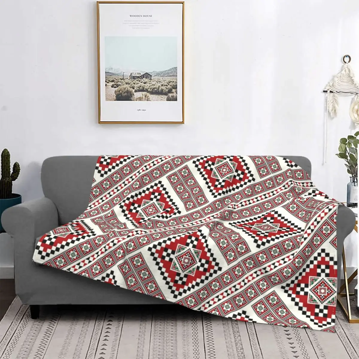 

Traditional Embroidery Romanian Towel Model Corners Blanket 3D Printed Flannel Ukraine Boho Bohemian Throw Blanket for Home Sofa