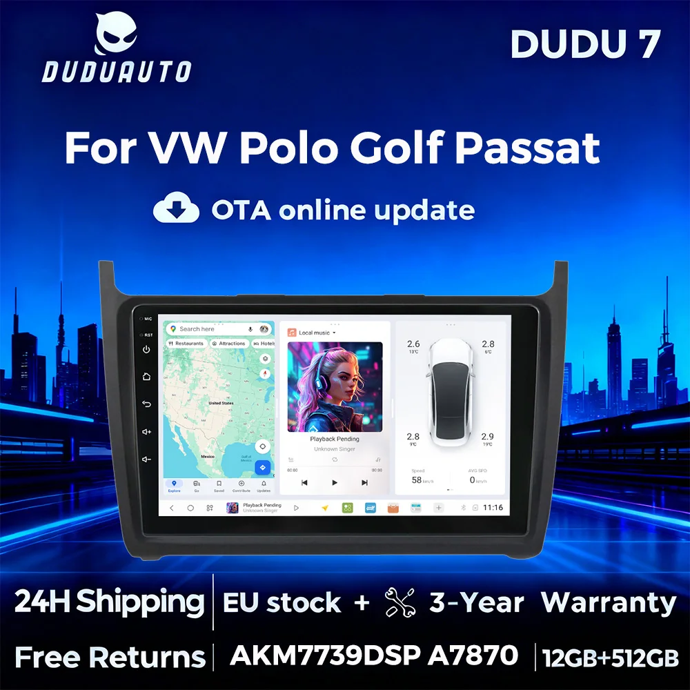 DUDUAUTO 9" 2DIN DUDU7 Für VW Polo 2009-2017 Autoradio Android 13 Kabelloses Carplay Android Auto 4G GPS FM WIFI BT SWC RDS