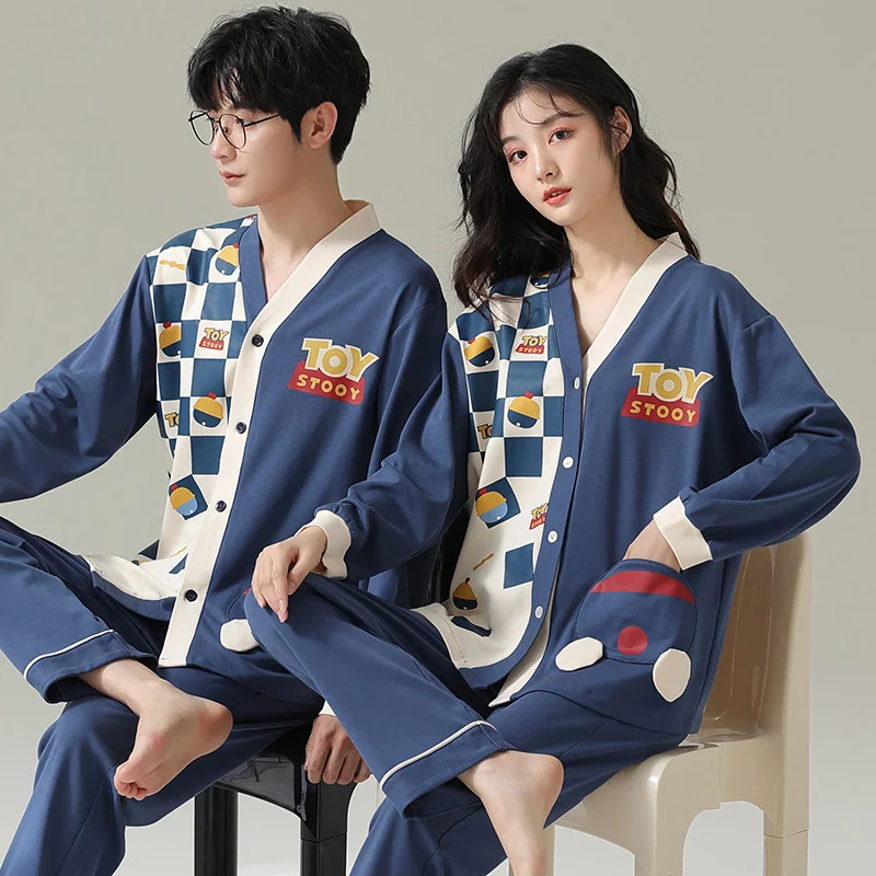 Pijamas de dibujos animados de primavera para hombres y mujeres, cárdigan de algodón de manga larga, lindos y transpirables, ropa para el hogar para parejas, otoño e invierno_voghion.com