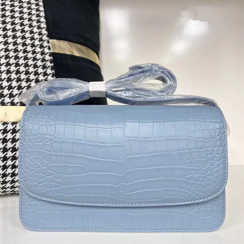 

Authentic Crocodile Skin Women Small Saddle Bag Lady Light Blue Purse Genuine Alligator Leather Female Single Cross Shoulder Bag