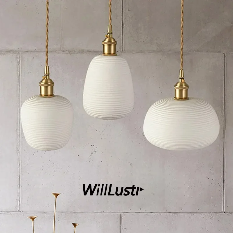 

Procelain Copper Pendant Lamp Pleated Ceramic Ceiling Chandelier Hotel Gallery Living Bedroom Handmade Suspension Hanging Light