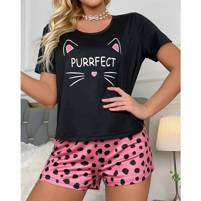 

Female Pajamas Set Sexy Print Leopard Cat Sleepwear Summer Short Sleeve Shorts Pijamas Suit Pyjama Pour Femme Loose Homewear