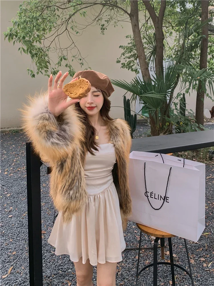 Woven Real Fur Fox Hair Coat Female Short V-neck Jackets Double-sided Young Lazy Slim Knitted Thick Warm Fur Casual Tops Winter