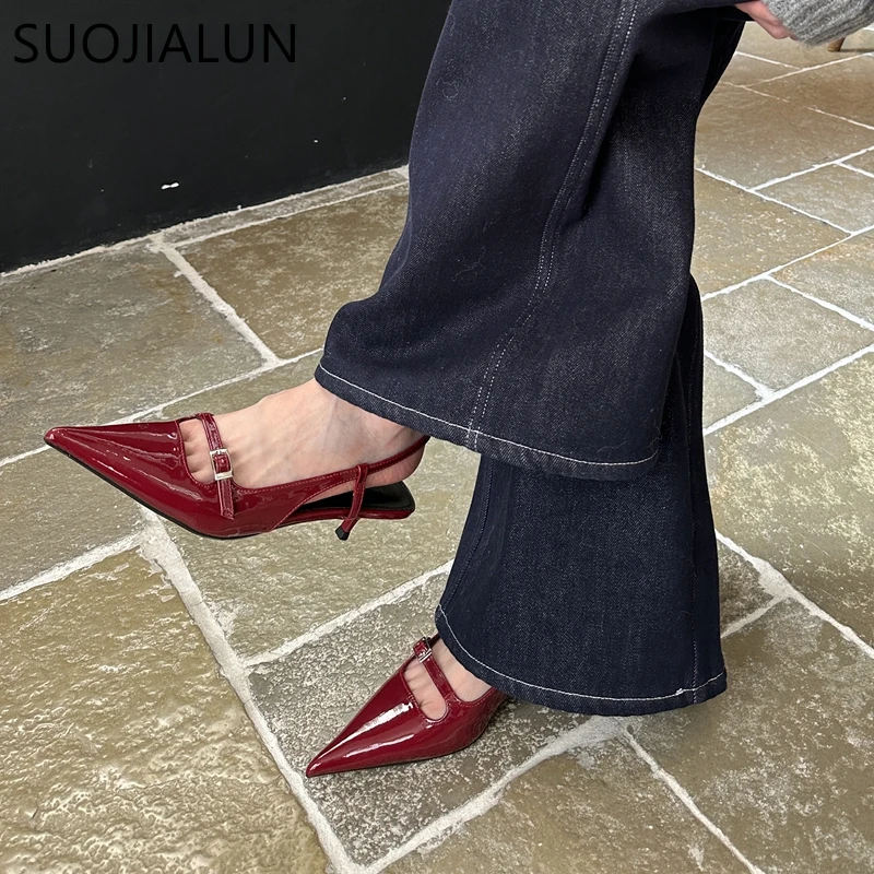 SUOJIALUN Spring New Women Pointed Toe Sandal Shoes Fashion Shallow Slip On Ladies Elegant Slingback Shoes Thin Low Heel Pumps