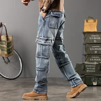 Autumn and winter new styles Men's Outdoor Wide Leg Workwear Multi-Pocket Jeans Straight fit plus size men's jeans  42 44 1