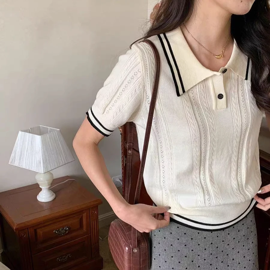 Ivory Trim Polo Knit Top Se3934f4378dc44ae98d4a209e11a8f42t