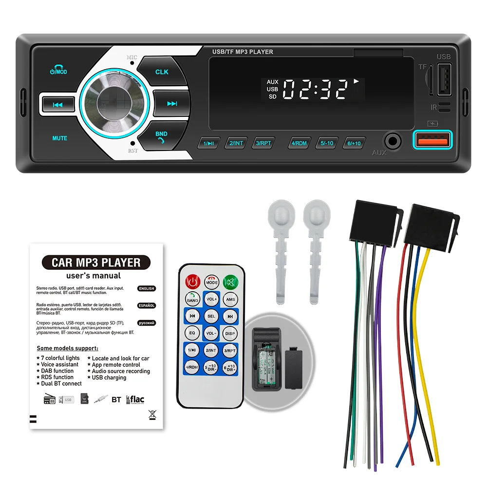 BQCC 1Din MP3 Autoradio FM USB TF AUX entrada Estéreo Radio Bluetooth protección de energía 7 luces de color USB Dual Multimedia Audio del coche 6