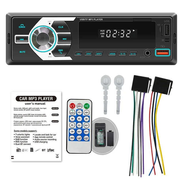 BQCC 1Din MP3 Autoradio FM USB TF AUX Input Stereo Radio Bluetooth Power Protect 7 color lights Dual USB Multimedia Car Audio 6