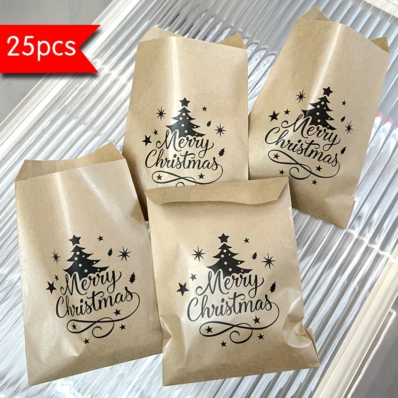 25er-Pack Weihnachts-Geschenktüten aus Kraftpapier mit Weihnachtsbaum-Design für Weihnachtsgeschenke, Weihnachtsverpackung für Süßigkeiten und Kekse