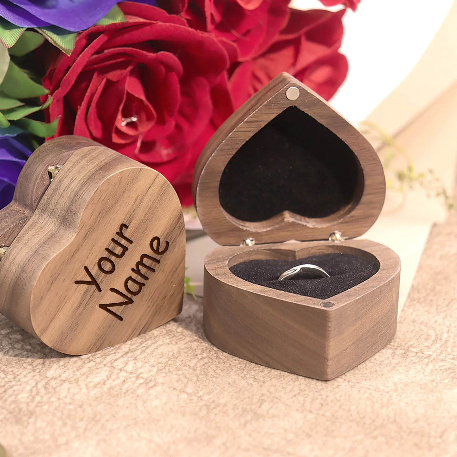 Personalized Engraved Wooden Ring Box, Anniversary Gift, Engraved Ring Box Customized Carving Of Heart-Shaped Ring Box 4
