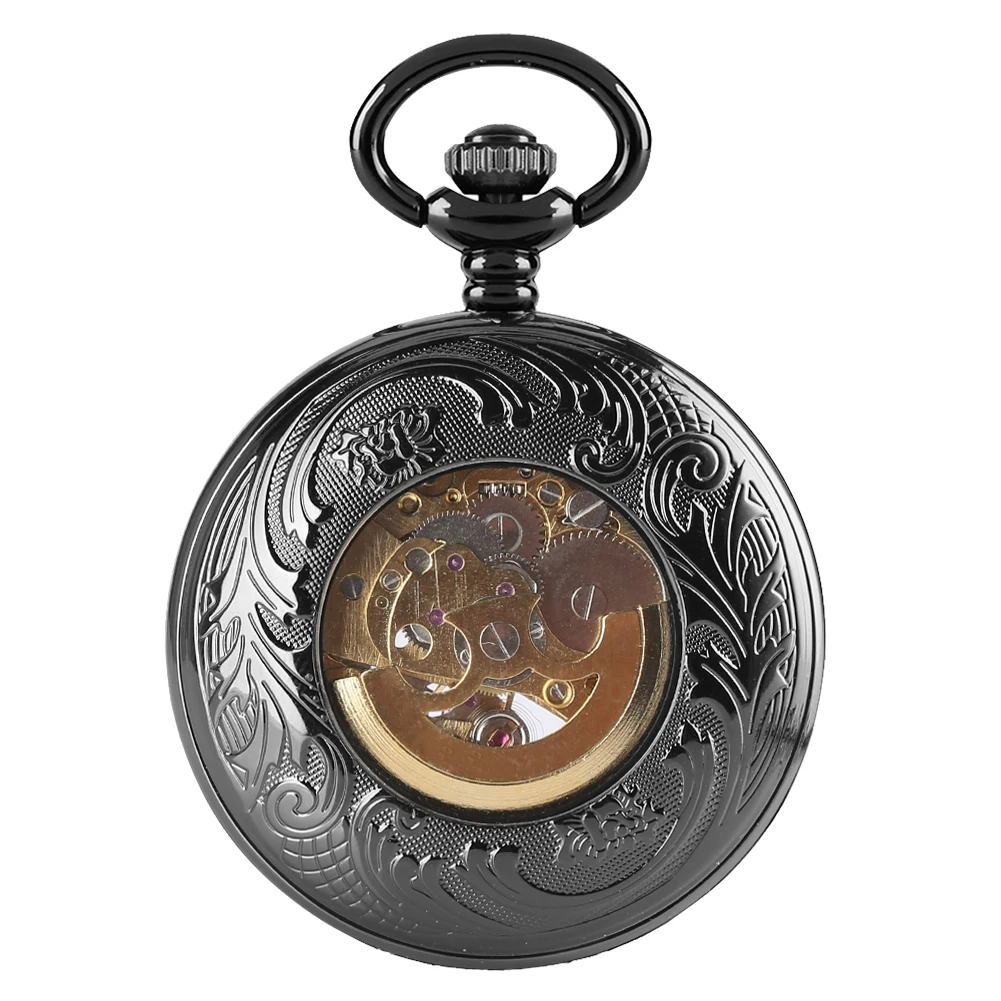 2016 Cool Black Steam Roman Numbers Mechanical Automatic Pocket Watch Fob Watches Casual Skeleton Clock