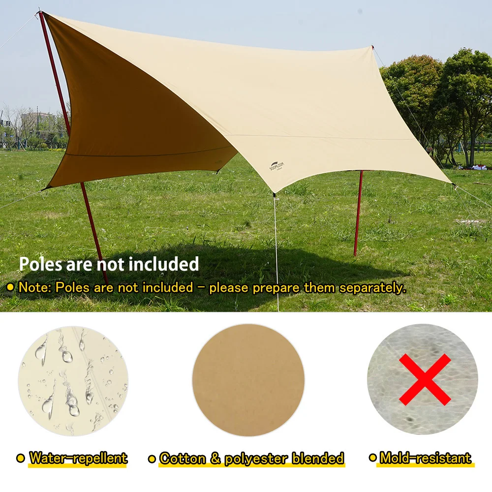 Soomloom 4.2×4.1m Hex Camping Tarp Fire-Resistant Waterproof