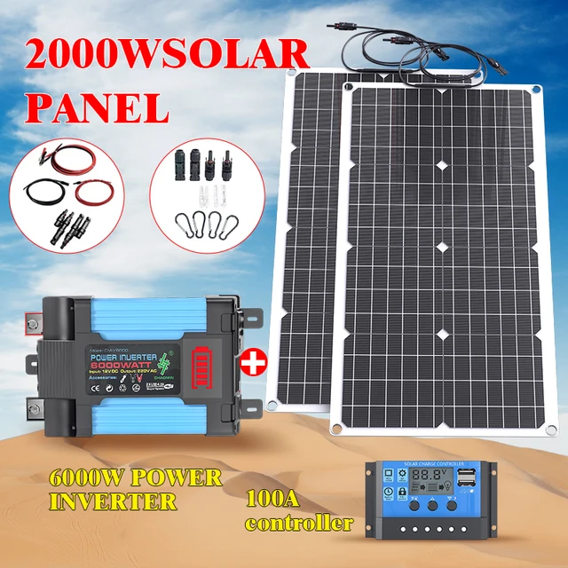Kit de système de panneaux solaires flexibles, 110v, 220v, 6000W, contrôleur de chargeur de batterie 12V, onduleur complet pour la maison et l'extérieur 1