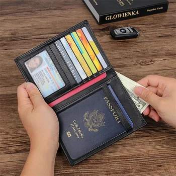 Portafoglio da viaggio da uomo in vera pelle per portafogli da viaggio con design di carte Portafoglio corto con porta passaporto Borsa da uomo Porta documenti multifunzione Borsa per carte di credito RFID Pelle bovina