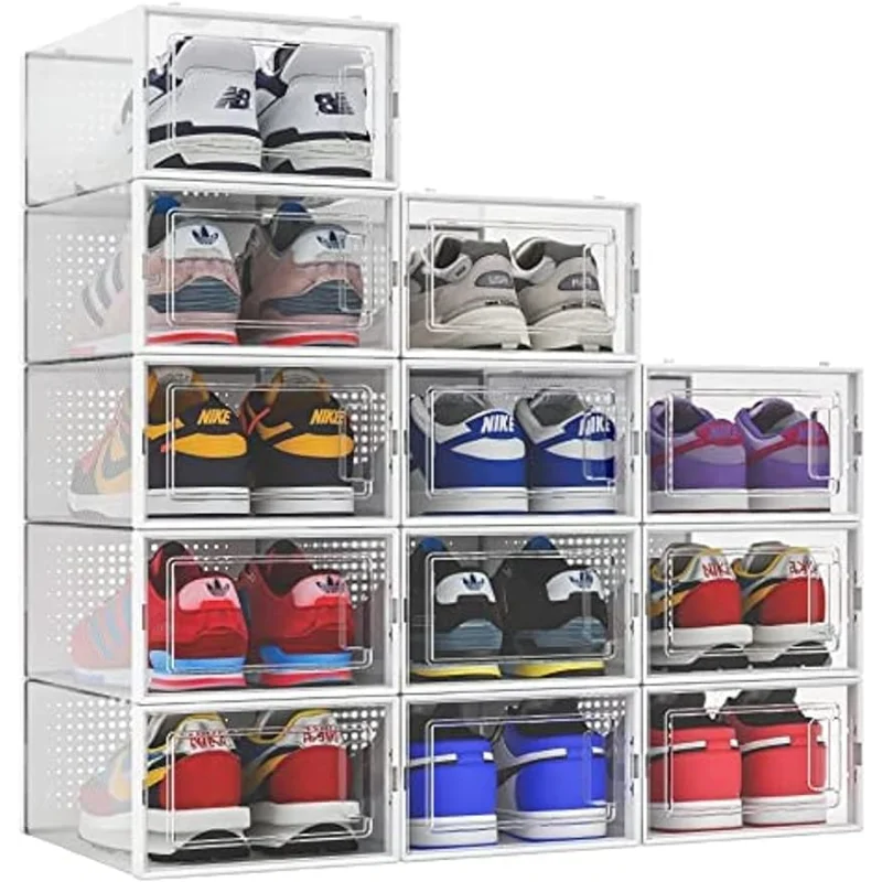 

SESENO. 12 Pack Shoe Storage Boxes, Clear Plastic Stackable Shoe Organizer Bins, Drawer Type Front Opening Shoe Holder Container