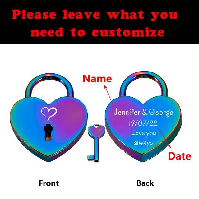 Personalized Couples Rainbow Heart Padlock Engraved Name Date Love Lock with Key for Her Him Valentine's Day Anniversary Gifts 2