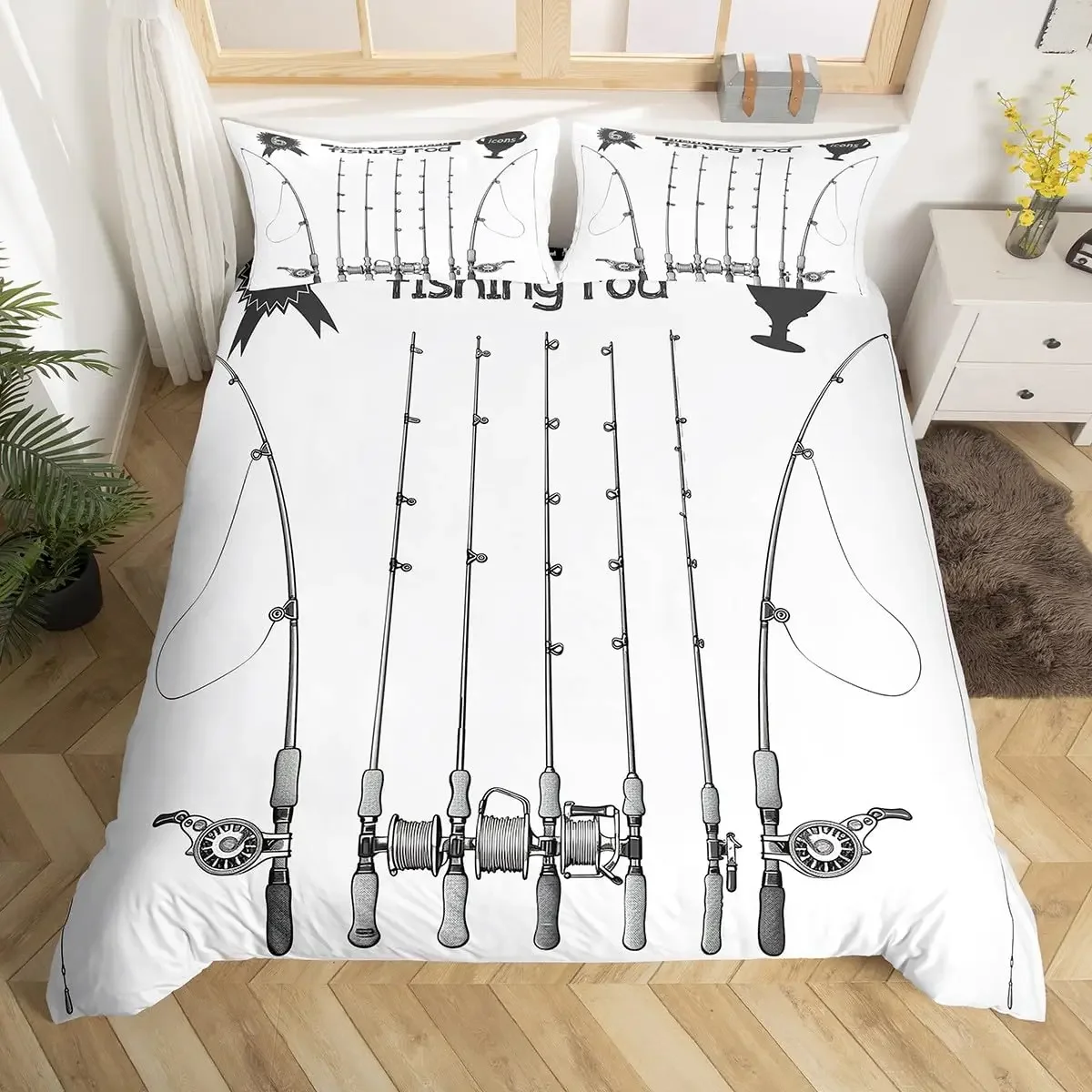 Fishhook Duvet Cover Set Twin Size Fishing Bedding Set Fish Hook Pattern Comforter Set,Modern Quilt Cover for Teen Adult