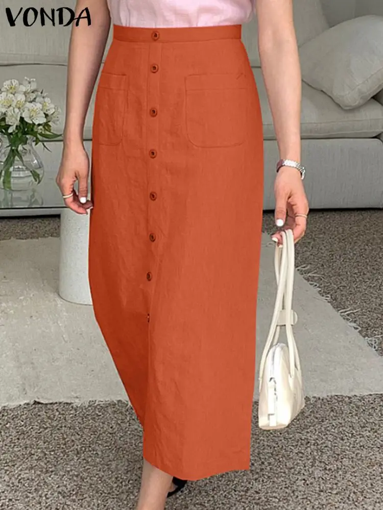 

2024 VONDA Women Summer Long Skirts Elegant Solid Color Buttons Casual Skirts Loose Pockets Fashion Midi Bottoms Streetwear