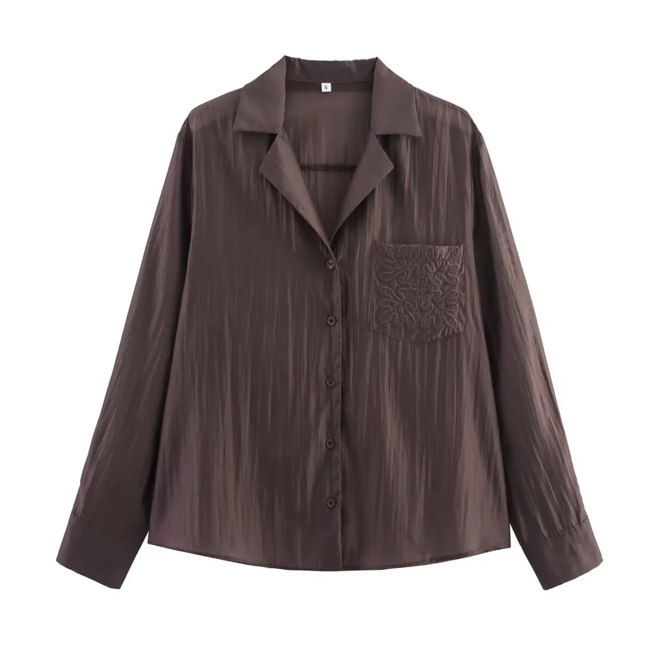 Women Casual Shirt Fashion Embroidery Pocket Decoration Shirts Turn-Down Collar Long Sleeve Shirts Vintage Female Blouses Tops