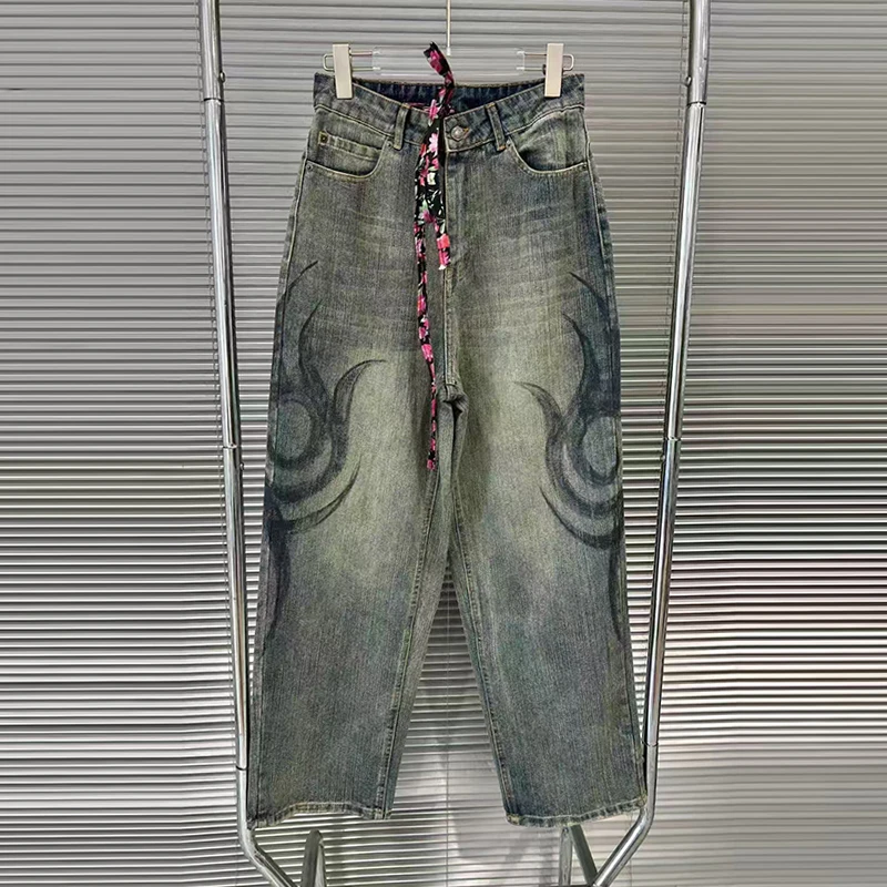 KBQ Loose Printing Spliced Pockets Jeans For Women High