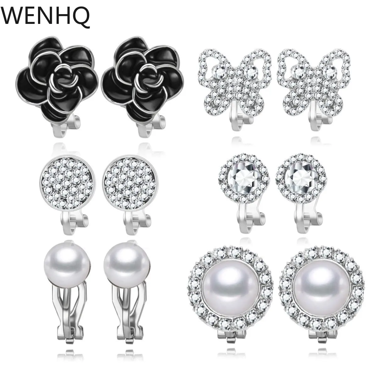 

WENHQ Стразы Кристальные посеребренные серьги-клипсы без проколов серьги женские модные серьги-каффы с цветком бабочкой