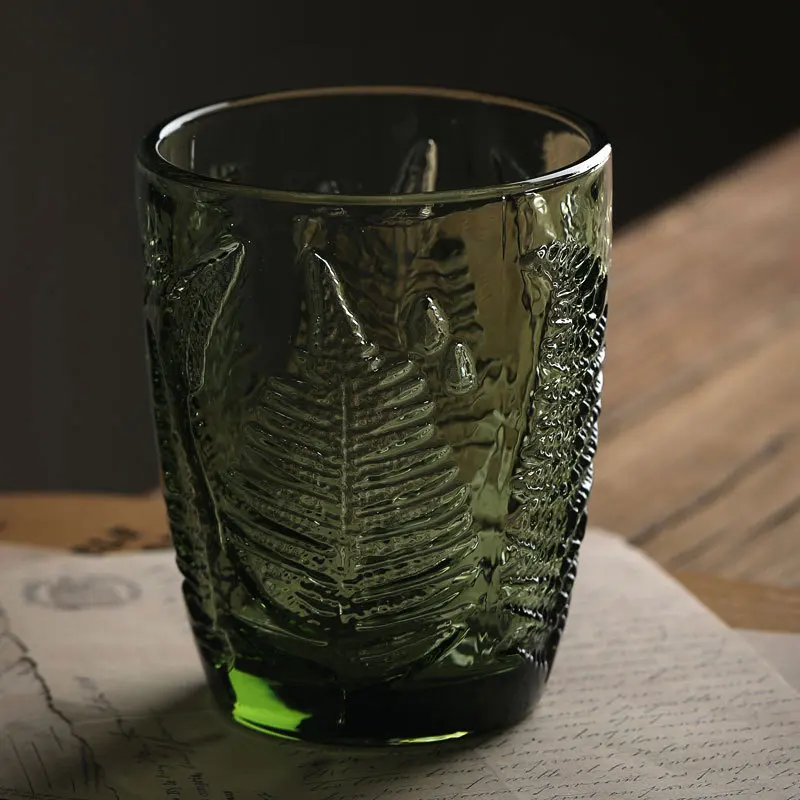290ml 10oz Vintage Green Leaf Embossed Colored Side Glass Whiskey Water Glass Cup Heavy Thick Glassware Tumbler 1 Piece