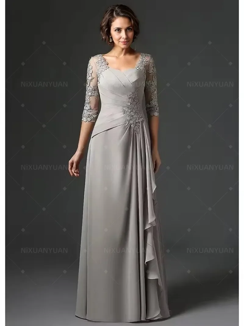Silver Mother of The Bride Dresses A-line 3/4 Sleeves Chiffon Lace Plus Size Long Elegant Mother Dresses Wedding