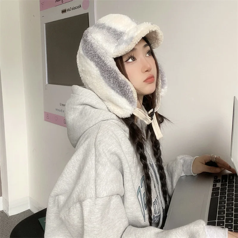 

Plush Bomber Hats Women Winter New Personalized Versatile Tie Dye Plush Heavy Windproof Ear Protection Flying Hat Ski Caps