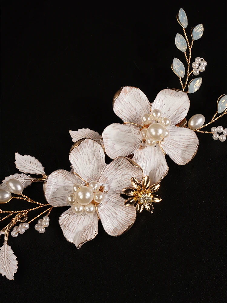Handmade Hair Clip Gold Flower Bridal Headband Alloy Leaf Wedding Hair Accessories Tiara for Women Headpiece Brides Headdress