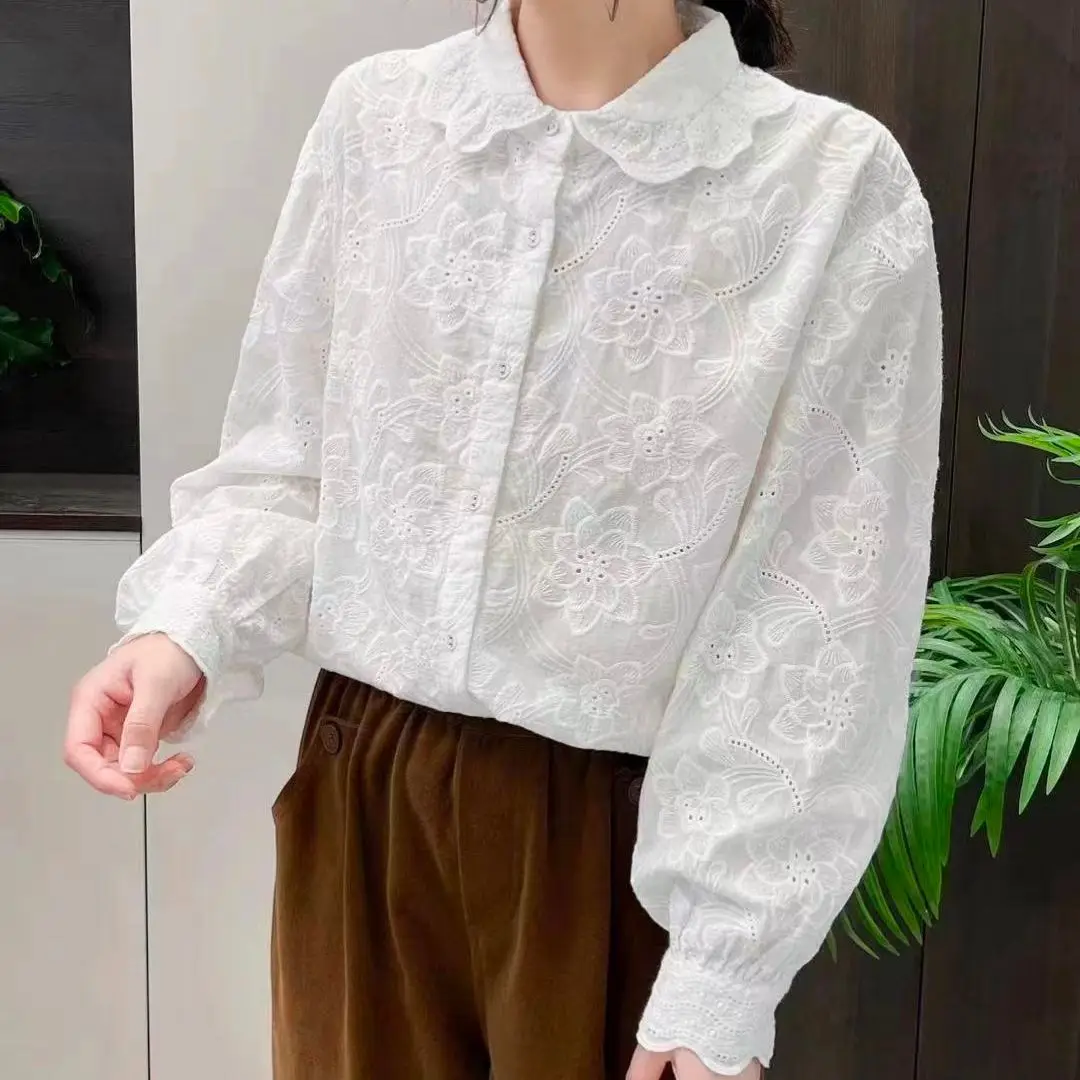 

Women lace blouse mori girl Japan style sweet long sleeve white embroidery blouse lace tops sweet lolita clothing