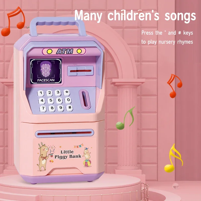 Piggy Bank ATM Machine Safe Box Money Bank ATM Music Electronic Cartoon Bank Face Unlock Kids Toy Auto Scroll Paper Bank
