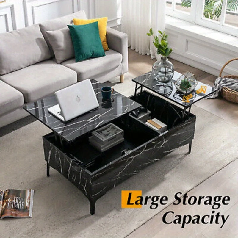Black 43" High Gloss Lift-Top Coffee Table Marble Veneer w/Storage Living Room