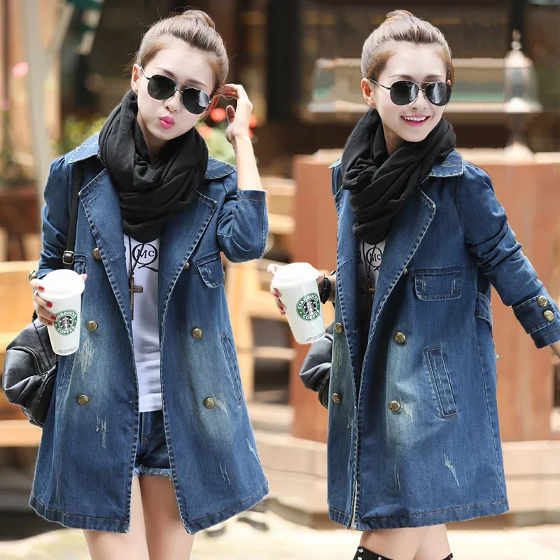 

2023 New Spring Autumn Long Denim Jacket Women Fashion Lapel Double Breasted Trench Coat Casual Solid Vintage Outerwear Female