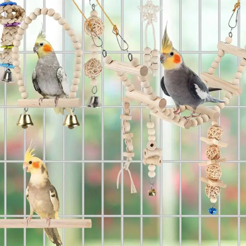 9 Pcs/Set Bird Parrot Swing Toys Chewing Standing Hanging Perch Hammock Climbing Ladder Bird Cage for Budgerigar Conure