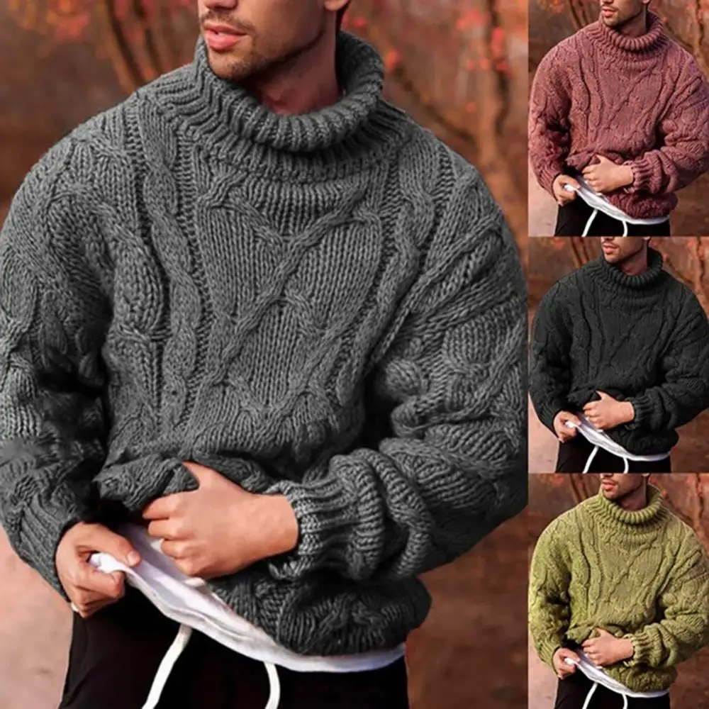 

Men's Sweater Fashion Twist Braid Autumn Winter Knit Sweater Solid Color Cotton Warm Slim Fit Turtle-Neck Jumper Pullover свитер