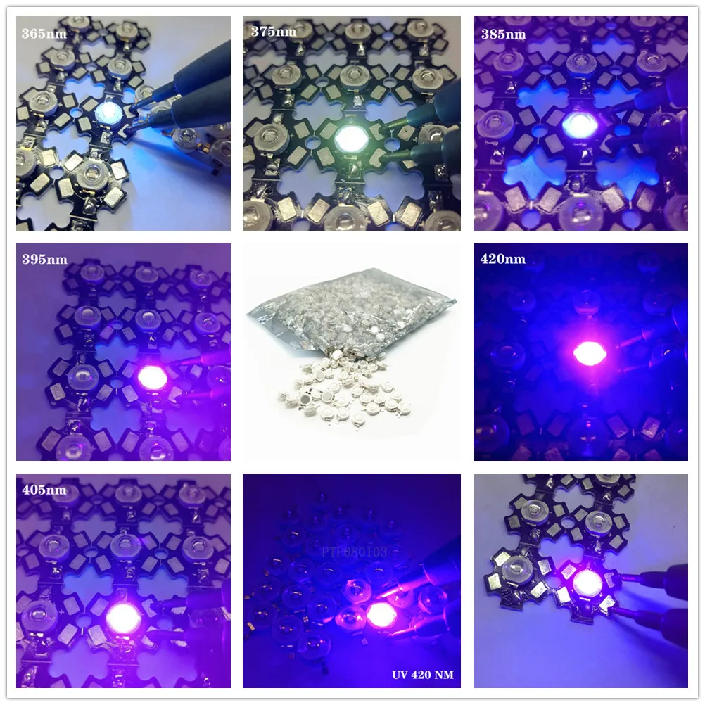 10pcs 3W UV LED Ultraviolet Bulbs Lamp Chips 365nm 375nm 380nm 385nm 395nm 400nm 405nm 410nm 420nm 3W with/Nowith 20mm Black PCB