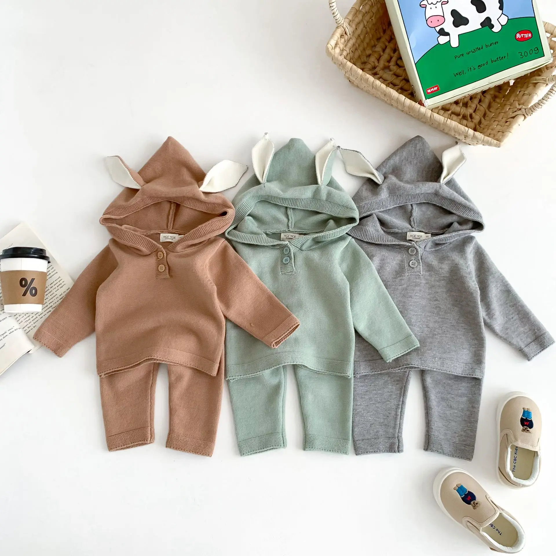 

Autumn Baby Clothing Sets Toddler Girls Sweater Suit Solid Color Bunny Ear Hooded Sweater +Warm Pants 2Pcs Infant Boys Outfits