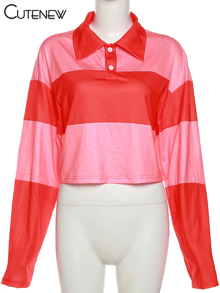 Women's Stripe Top Polo Collar Long-Sleeved T-shirt Casual Clothing Shirt Summer New Sexy Slim Femme Streetwear