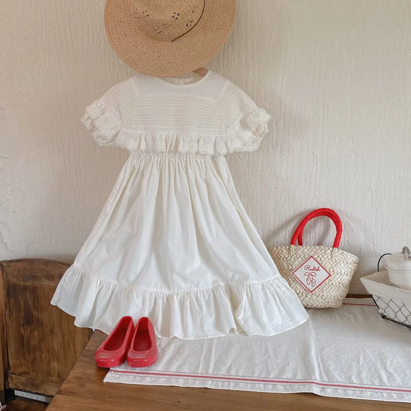 

White Short Sleeve Lace Princess Dress Children's Clothing Toddler Girls Prom Dress Cotton Flower Girl Dresses for Weddings
