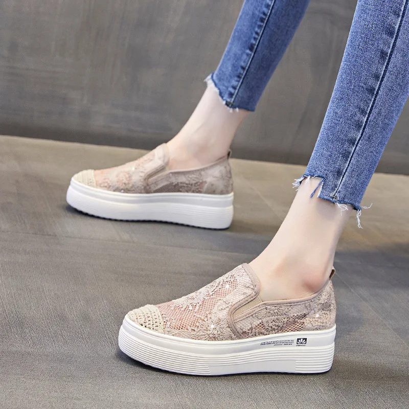 Beige 7CM Lace Air Mesh Women Summer Shoes Slip on Fashion Sneakers Platform Shoes Wedge Heel Slipony for Female Breathable Shoe