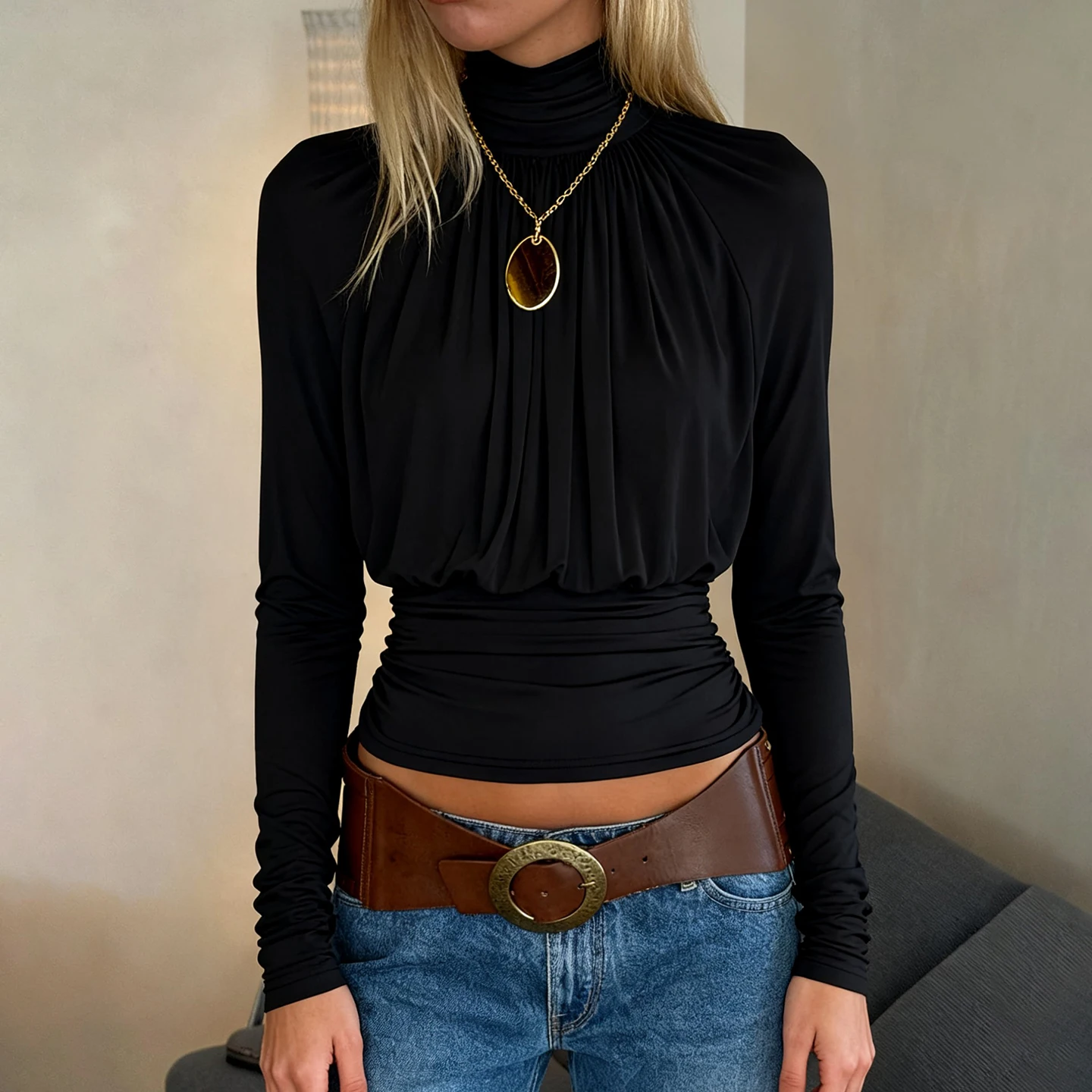 Elegant Basic Turtleneck Draped T Shirt Slim-Fitting Solid Ruched Waist Long Sleeve Tees Women 2025 Casual Streetwear Tops Lady 4